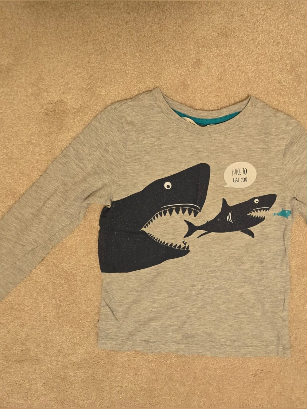 H&M Heather Gray Long Sleeve Tee with Navy Shark Graphic